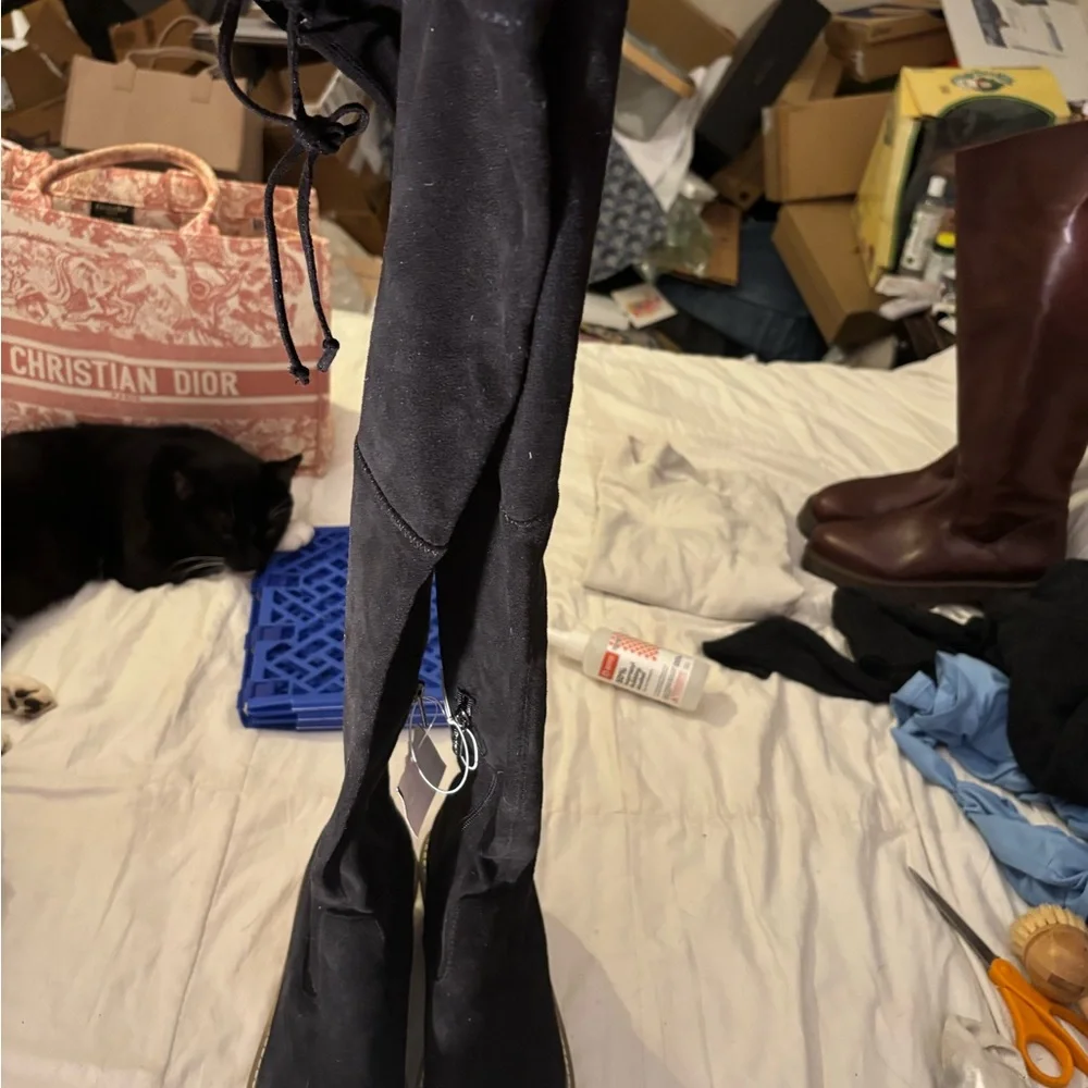 Black Over-the-Knee Wedge Boots with Tan Lug Sole Tie for An Adjustable Top NB
